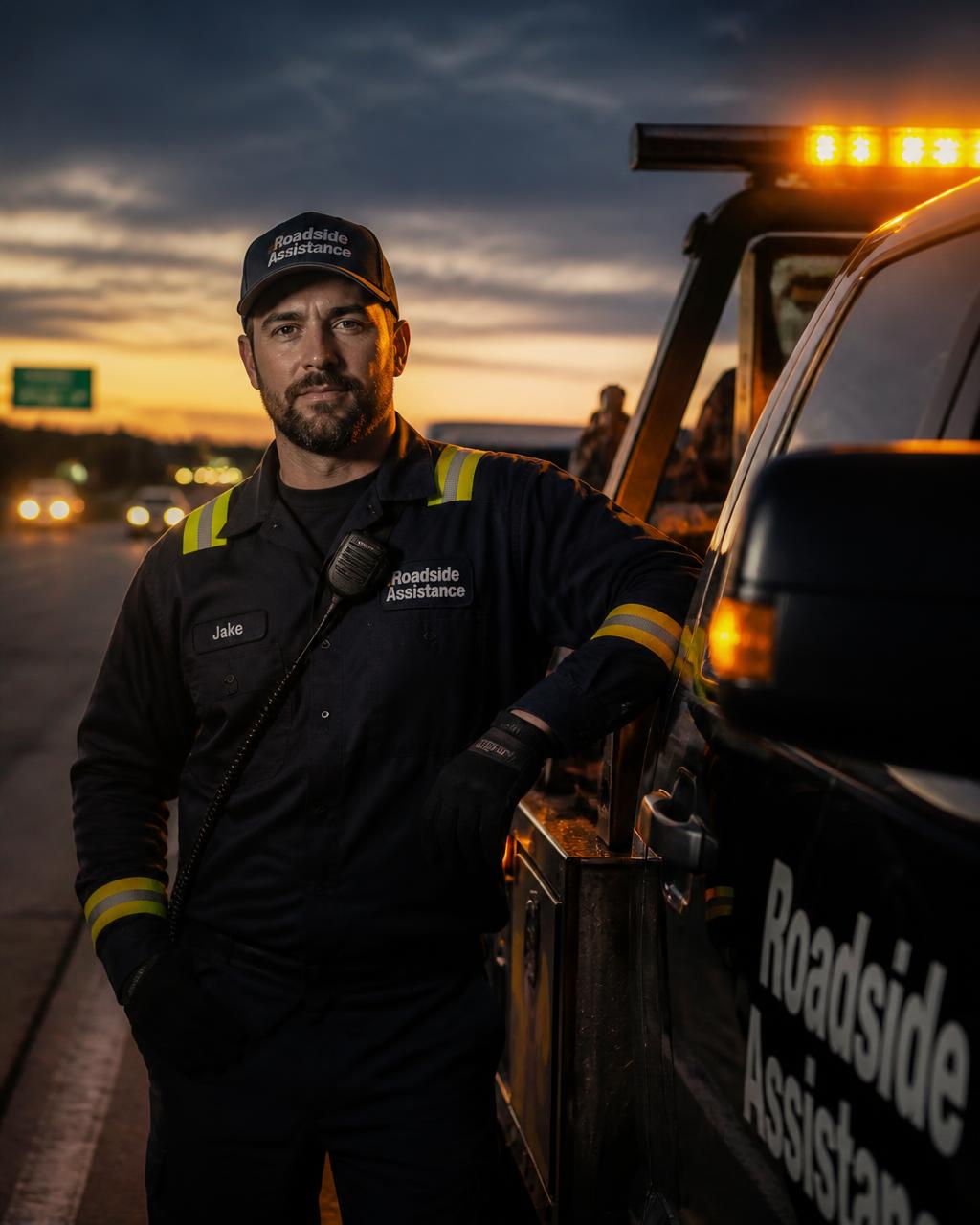 Professional roadside assistance technician beside a service vehicle in Memphis TN