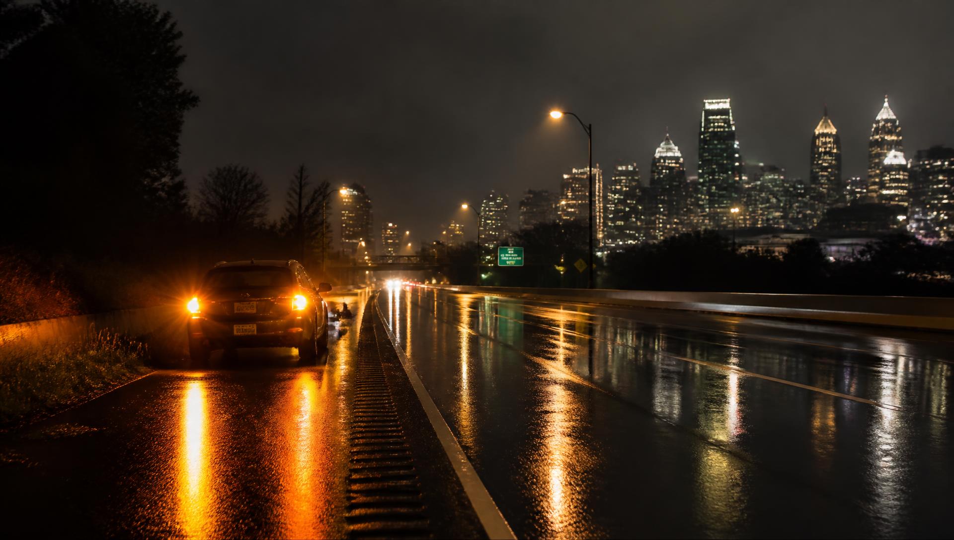 Car with hazard lights stopped on a rain-slick Memphis highway at night