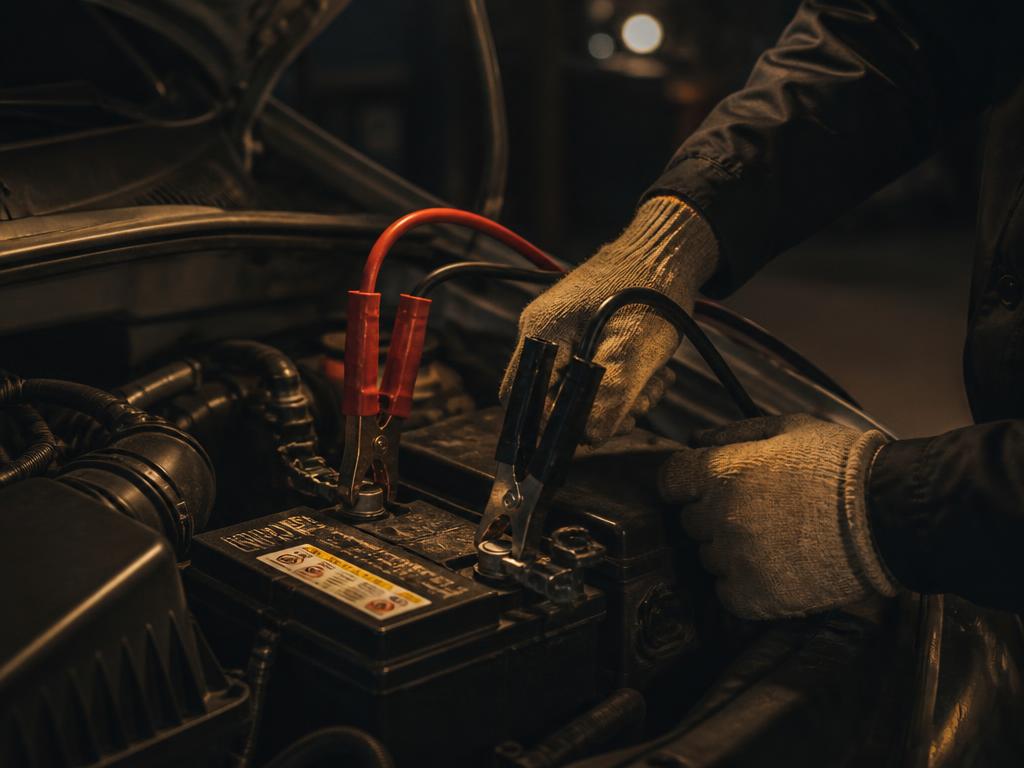 Jumper cables connected to a car battery during a jump start in Memphis