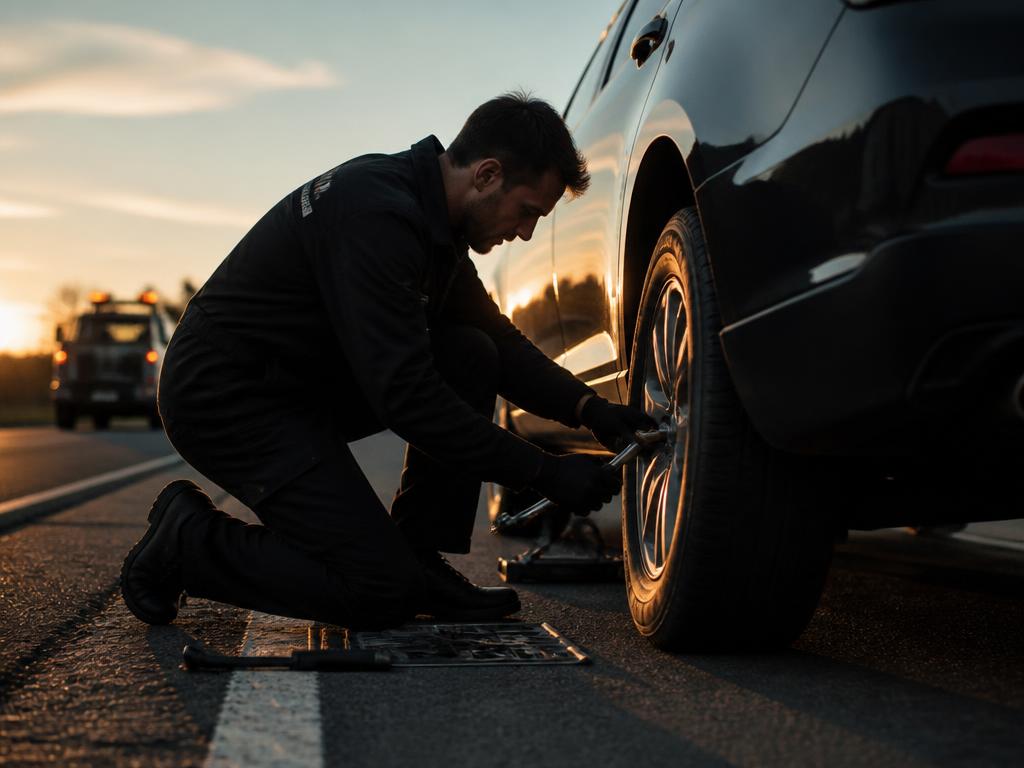 Roadside technician changing a flat tire at the roadside near Memphis TN